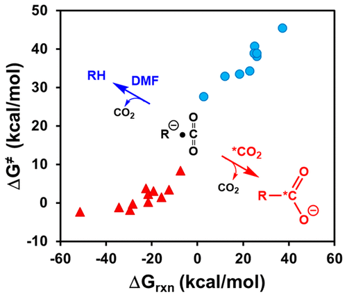 Origin of Free Energy Barriers of Decarboxylation and the Reverse Process of CO2 Capture in Dimethylformamide and in Water